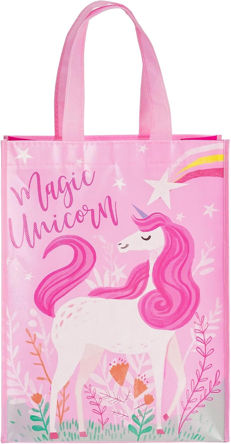 Loveinside Unicorn Reusable Gift Bag, Pink Magic Unicorn and Stars Design Medium Recycled Pink Gift Bag for Girls, Kids, Birthday, Baby Shower, Party Favor, 10" x 5" x 13", 1 Pcs