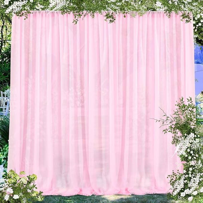PARTISKY 10x10ft Pink Chiffon Sheer Backdrop Curtains, Wrinkle-Free Wedding Backdrop Drapes for Birthday Party Ceremony Arch Stage Decor Background for Photography 5x10ft,2 Panels
