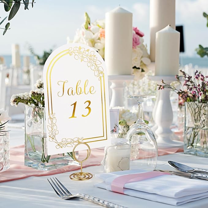 Wedding Table Numbers 1-40, 40 White Gold Cards with 40 Gold TableNumber Holders for Wedding Reception(Card and Holder)