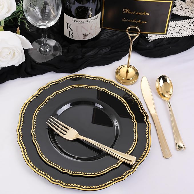 Hioasis 60pcs Black Plastic Plates - Black and Gold Disposable Dinnerware with Gold Rim, Heavy-duty, 7.5 inch, Dessert Plates for Party & Halloween