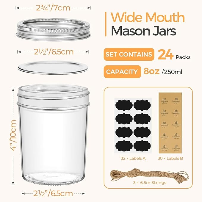 ComSaf Small Mason Jars 8 oz, 24Pcs Regular Mouth Canning Jars, 8 ounce Glass Jar with Lid for Jams, Sauces, Jellies, Spices, Self-Made Gift, DIY Candles Decor, Wedding & Baby Shower Favors