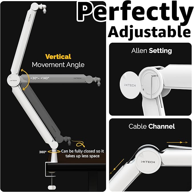 IXTECH Mic Arm White Premium Boom Arm 360° Rotatable Microphone Arm Stand with Desk Mount Fully Adjustable Sturdy and Universal VALIANT WHITE Model