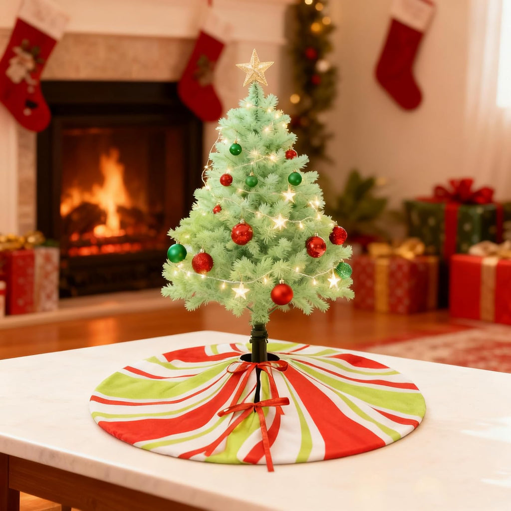 yuboo 24 Inch Red and Green Spiral Tree Skirt - Mini Peppermint Candy Xmas Tree Mat for 2-4 FT Tabletop Slim Artificial Trees, Lollipop Christmas Tree Decorations