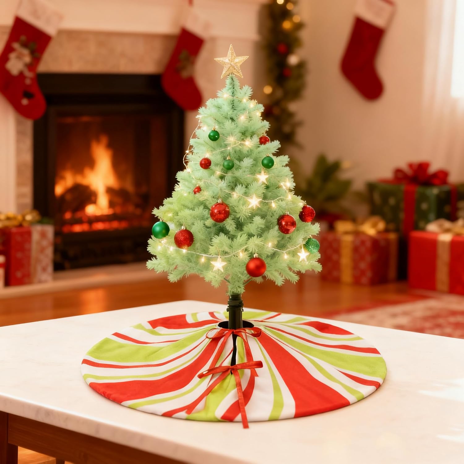 yuboo 24 Inch Red and Green Spiral Tree Skirt - Mini Peppermint Candy Xmas Tree Mat for 2-4 FT Tabletop Slim Artificial Trees, Lollipop Christmas Tree Decorations