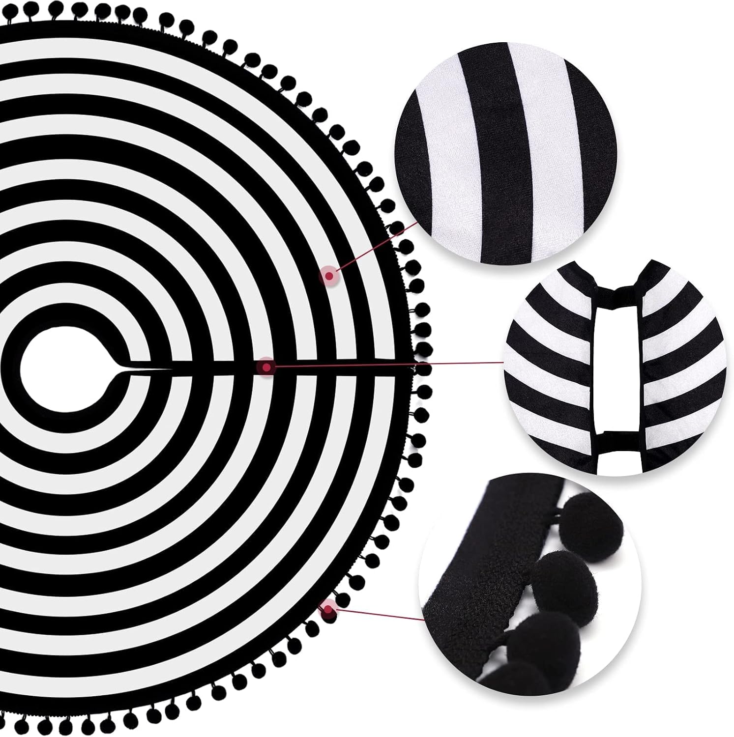 MACTING Christmas Black and White Tree Skirt, 30 Inch Annual Rings Tree Mat with Pom Poms for Xmas Tree Halloween Indoor Home Holiday Party Christmas Decorations