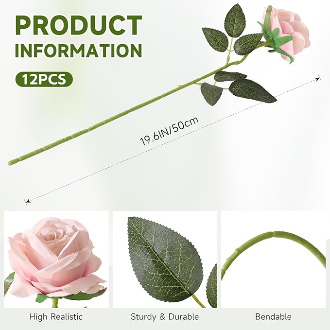Tifuly Champagne Pink Roses Artificial Flowers - 12 Pcs Long Stem Silk Roses, Realistic Fake Roses with Stems for Bridal Bouquets, Home and Office DIY Decor