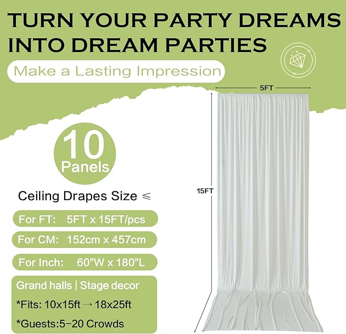 PartyVillage 50ft×15ft Ivory Backdrop Curtain for Wedding Parties, 10 Panels Wrinkle Free 15 FT Long Polyester Photo Backdrop Drapes Back Drop Cloth for Birthday Photography Background