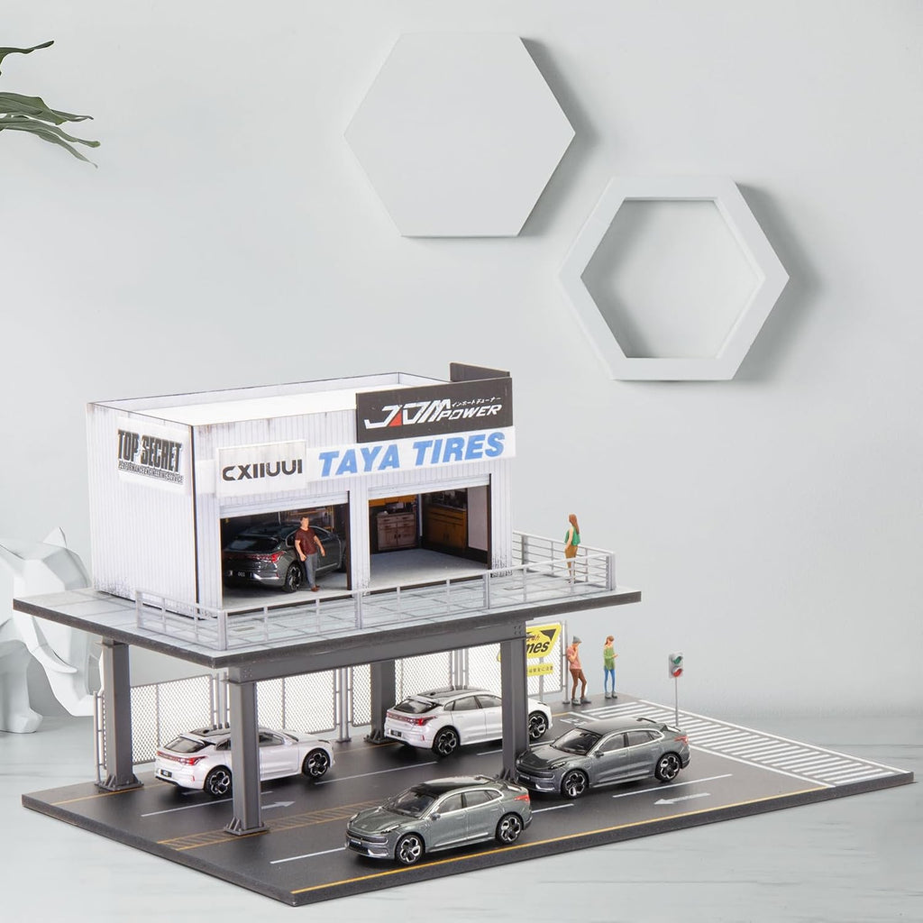 1/64 scale car repair scene model garage display on a desk or shelf
