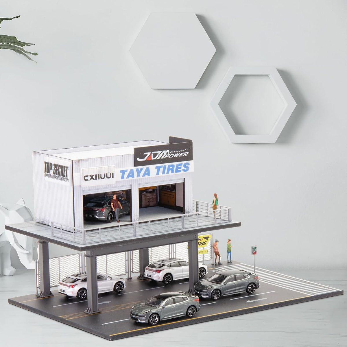 1/64 scale car repair scene model garage display on a desk or shelf