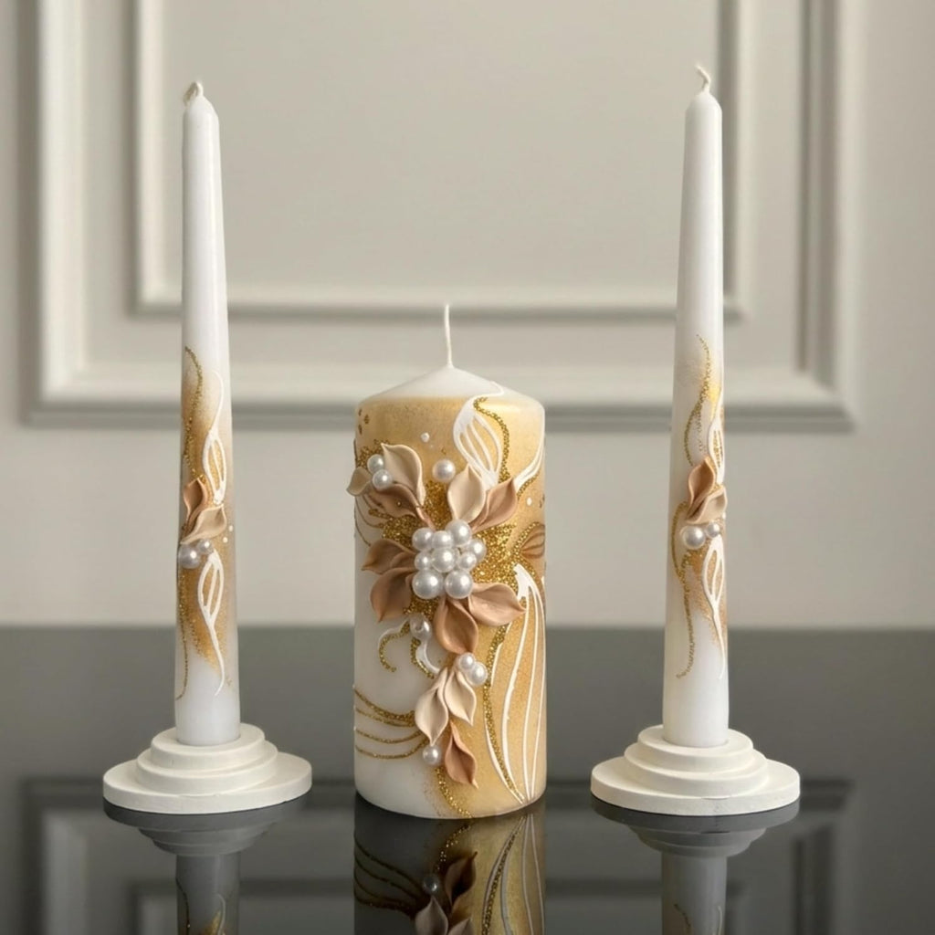 Unity Candle Set for Wedding Ceremony – 6” Pillar & Two 10” Taper Candles – Long Burning Wedding Unity Candles for Reception Marriage Ritual & Home Decor - Handmade in USA – White | Gold