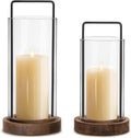 Houmury Farmhouse Candle Holder Decor Boho Glass Hurricane Lantern for Table Centerpieces Set of 2 Decorative Wood Metal Candle Holders for Living Room Dining Patio Home Decoration (Brown)