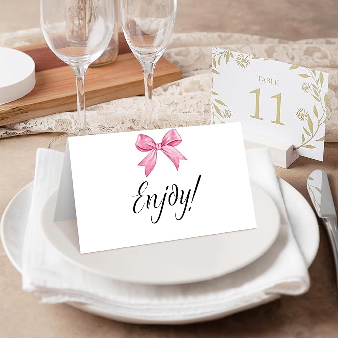 25 Pink Bow Place Cards for Table Seating, Watercolor Wedding Name Place Card, Tent Cards for Birthday Baby Shower Bridal Shower Reception Dinner Party Decorations -A25