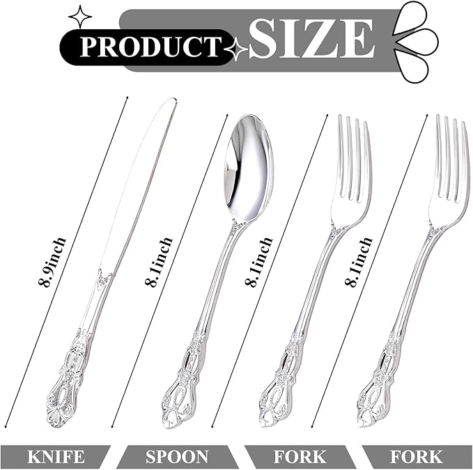 200PCS Silver Plastic Cutlery - Vintage Silver Disposable Silverware - Heavyweight Plastic Utensils with 100 Forks, 50 Knives, 50 Spoons For Catering, Parties, Dinners and Weddings