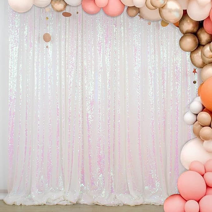 ShinyBeauty Iridescent White Sequin Backdrop 20X10FT Glitter Fabric Backdrop Photograph Backdrops Sequins White Curtain Shimmer Wall Studio Background