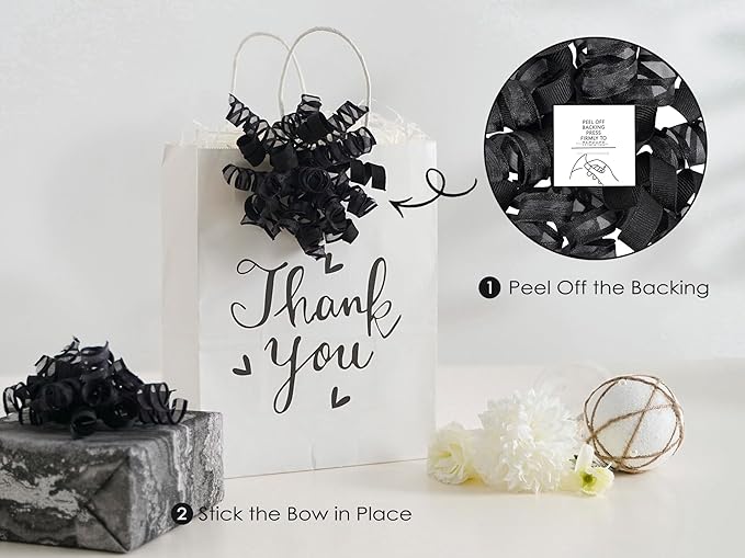 HUIHUANG Black Bows for Gift Wrapping Curly Gift Bow 5 inch x 8 Counts Self-Adhesive Ribbon Bows for Presents, Paper Bag, Party Favors, Wrapping Accessories, Holiday Wedding Decoration