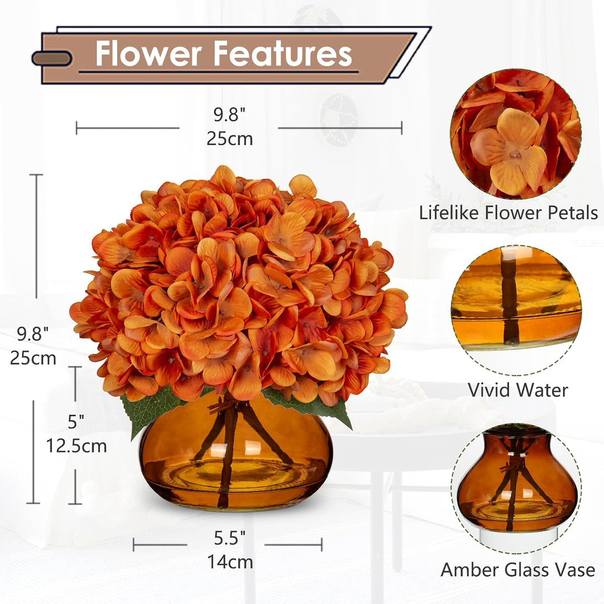 hollyone orange fall hydrangeas with vase indoor faux, close-up detail