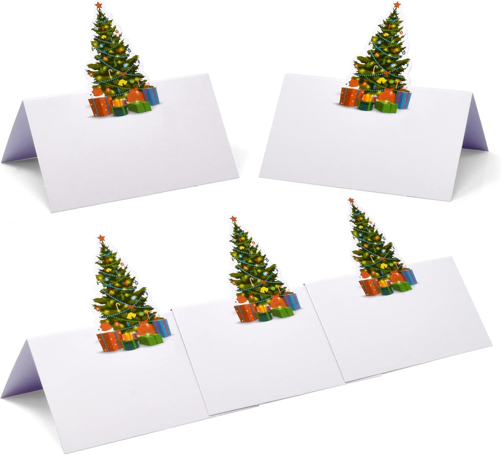 Gift Boutique 100 Pack Christmas Place Cards Holiday Seating Name Card Die Cut Xmas Tree Table Setting Folded Paper Tent Cards for Dinner Wedding Tables Placement Party Decorations 2" x 3.5"