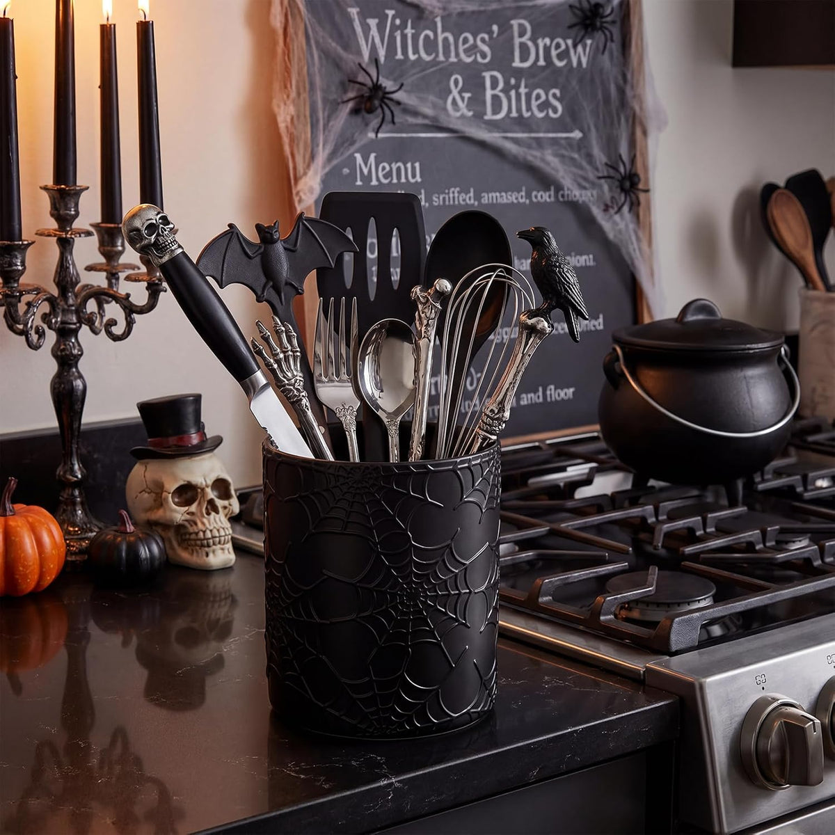 Yungyan Ceramic Spiderweb Utensil Holder for Kitchen, Gothic Accessories