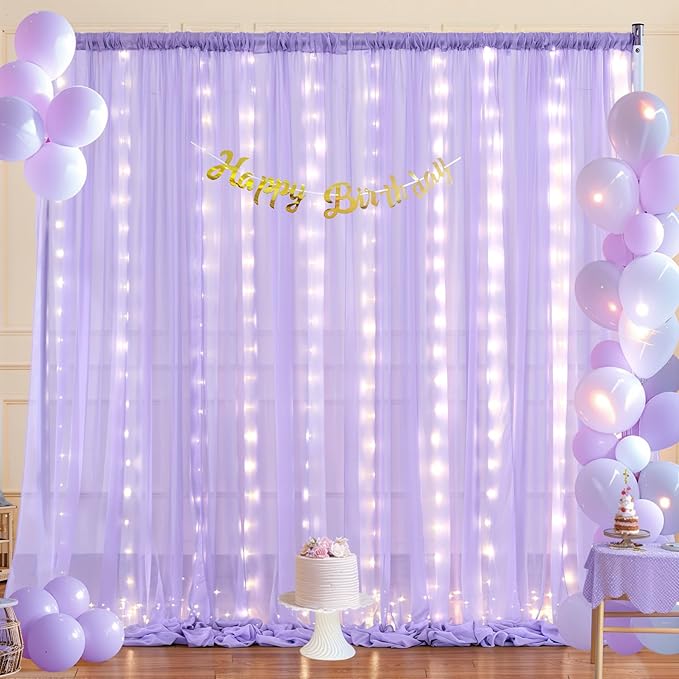 10x10ft Lavender Chiffon Backdrop Curtain with Lights for Wedding Baby Shower, Light Purple Curtain Backdrop with Lights for Birthday Party Gender Reveal Photo Shoot (5 x 10ft,2 Panels)