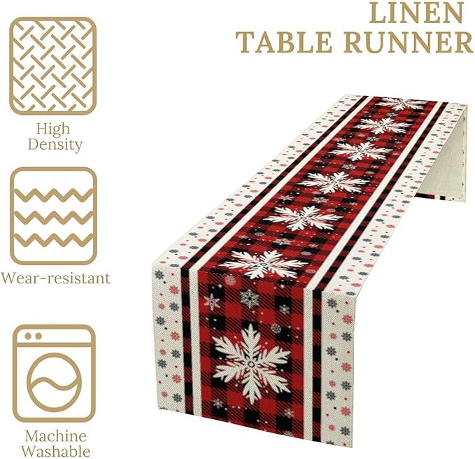 Snowflakes Christmas Table Runner,Red Buffalo Plaid Seasonal Winter Kitchen Dining Table Decoration for Home Party Decor 13x60 Inch