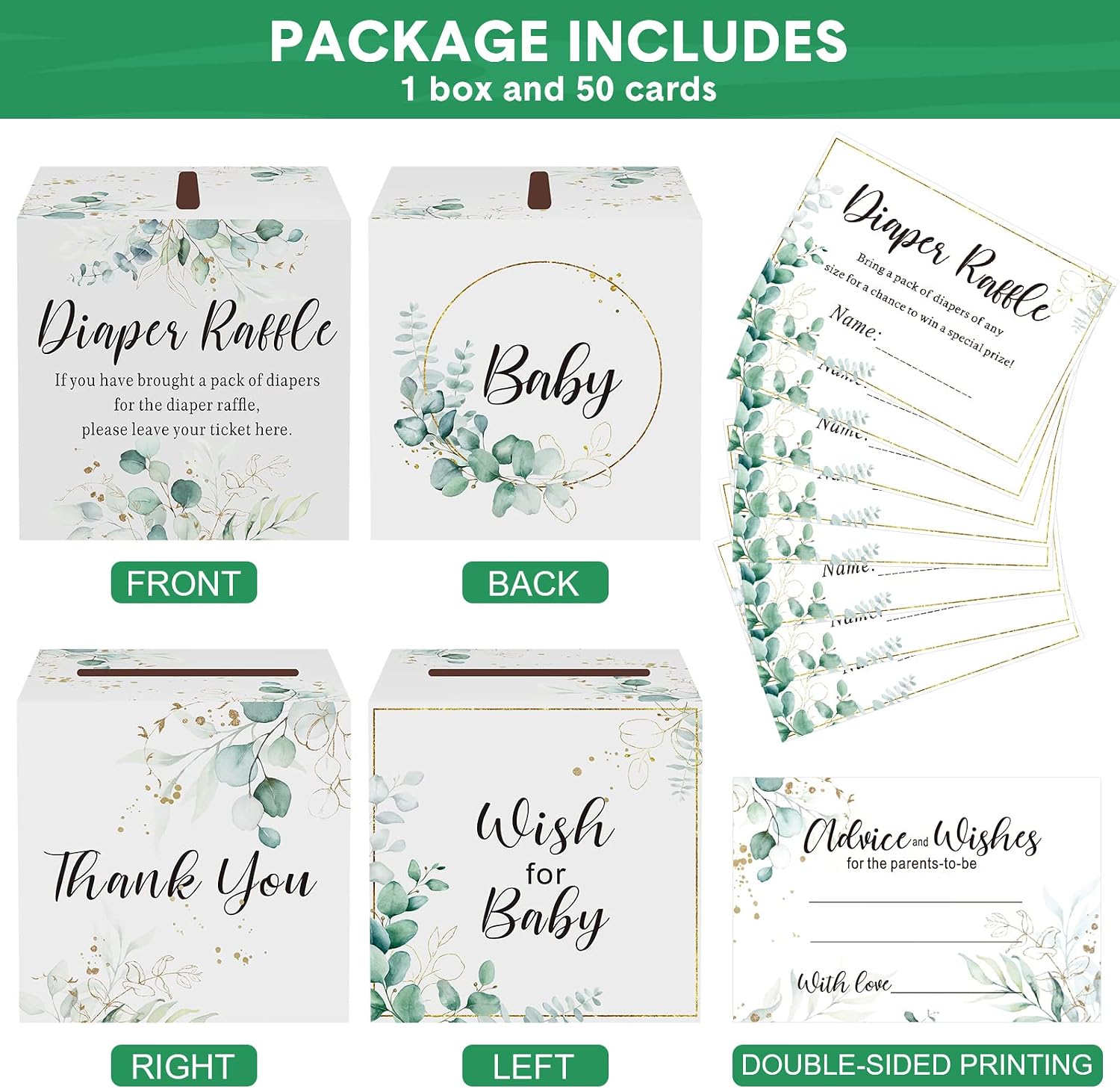 Pajean Greenery Diaper Raffle Box for Baby Shower Party with 50 Pcs Tickets | Baby Shower Games And Diaper Party Supplies For Gender Neutral Greenery Decorations, Gift Table And Raffle Activity