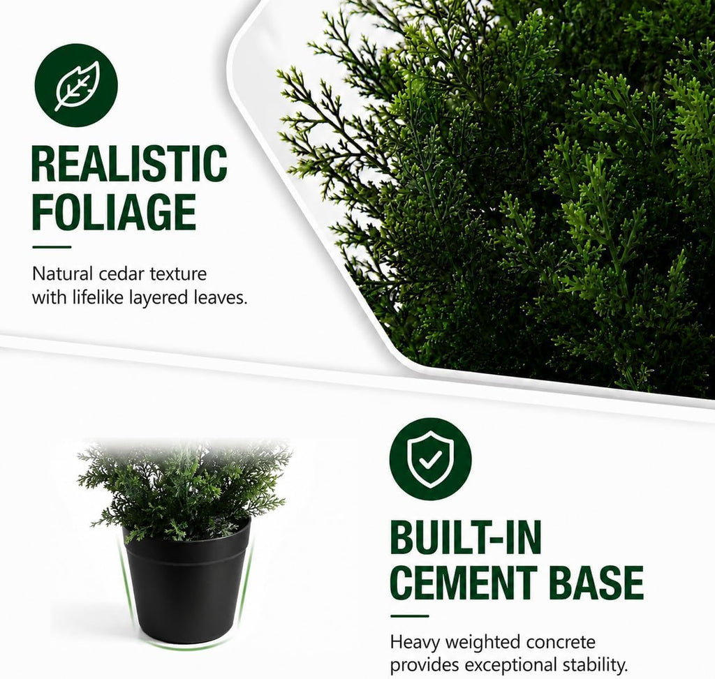 6 feet pre-potted evergreen outdoor artificial cedar tree on a desk or shelf