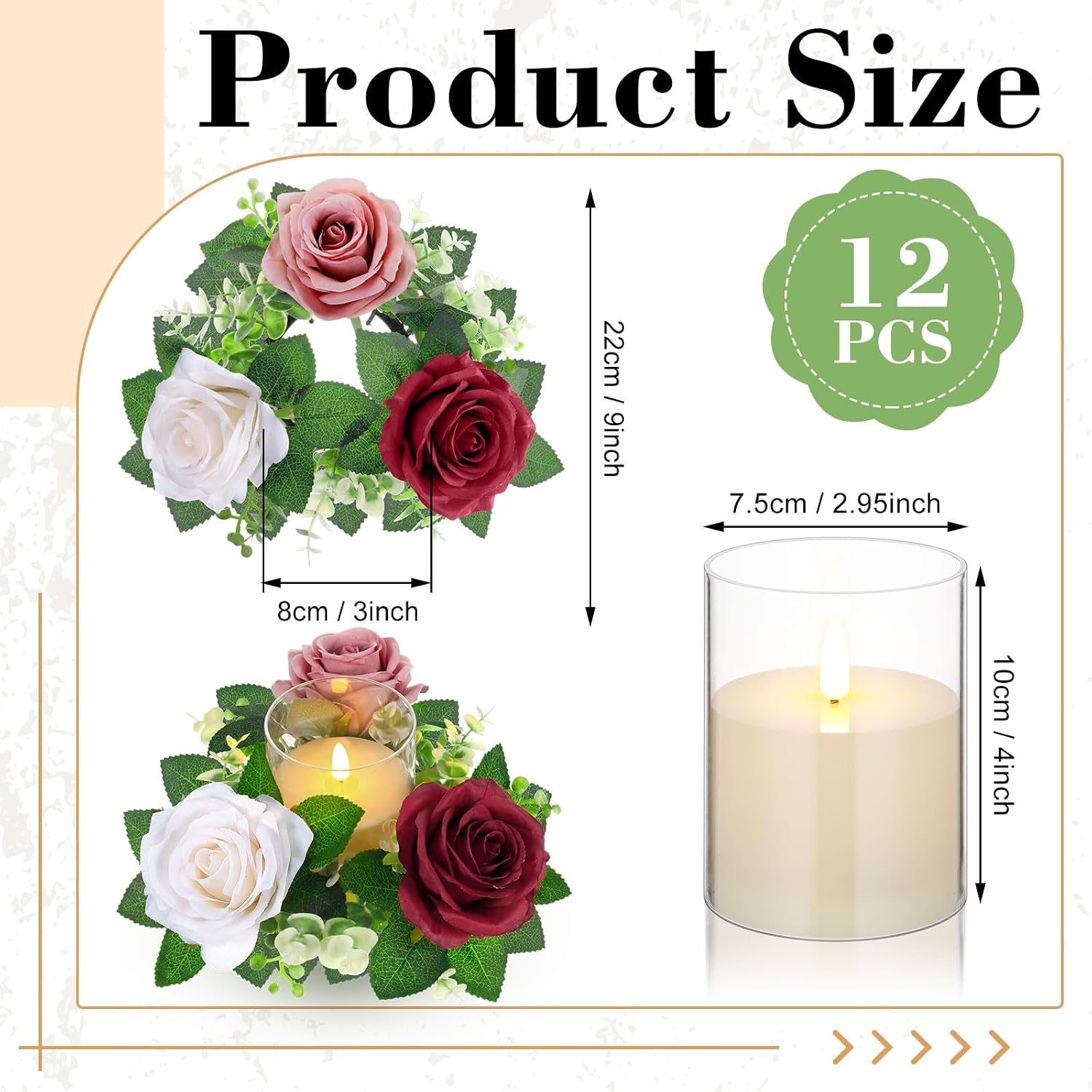 Yunlly 12 Pcs Rose Candle Rings with Flameless Candles Sets, Artificial Flower Eucalyptus Wedding Centerpiece 3 Inch Pillar Candleholders Wreaths for Wedding Party Mother's Day (Red，Pink，White)