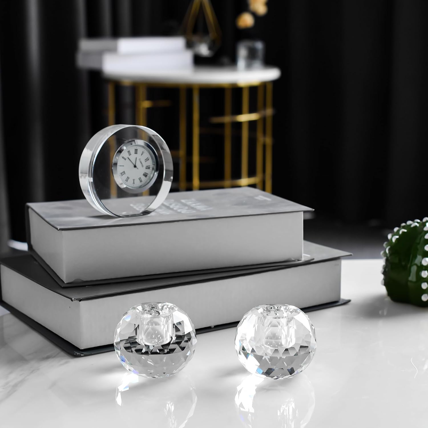 Kitcom Crystal Taper Candle Holders Multiple Faceted Designed Hand Cut Crystal Holders Wedding Banquet Decorations for Home W2.4xH1.8Inches Pack of 2, Comes with Gift Box