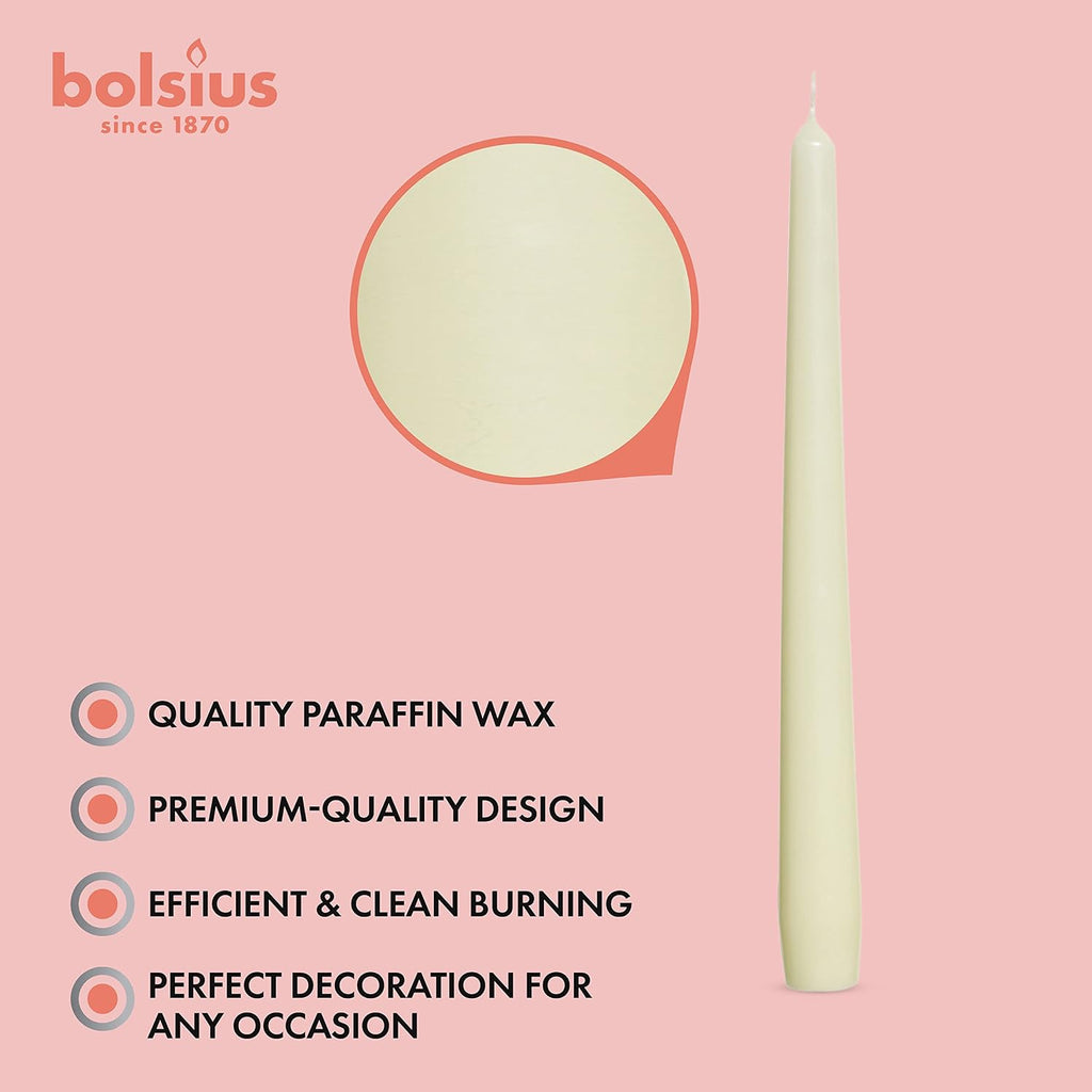 BOLSIUS Ivory Taper Candles - 10 Pack Unscented 10 Inch Dinner Candle Set - 8 Hours Burn Time - Premium European Quality - Smokeless and Dripless Household, Wedding, Party, and Home Décor Candlesticks