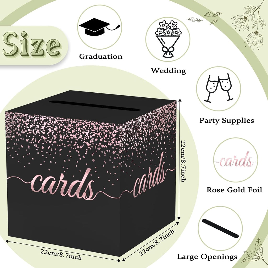 WNINK Black Rose Gold Cards Box for Birthday, Wedding, Bridal or Baby Shower, Graduation, Anniversaries, Engagement Party Decorations Supplies Money and Cards Receiving Box