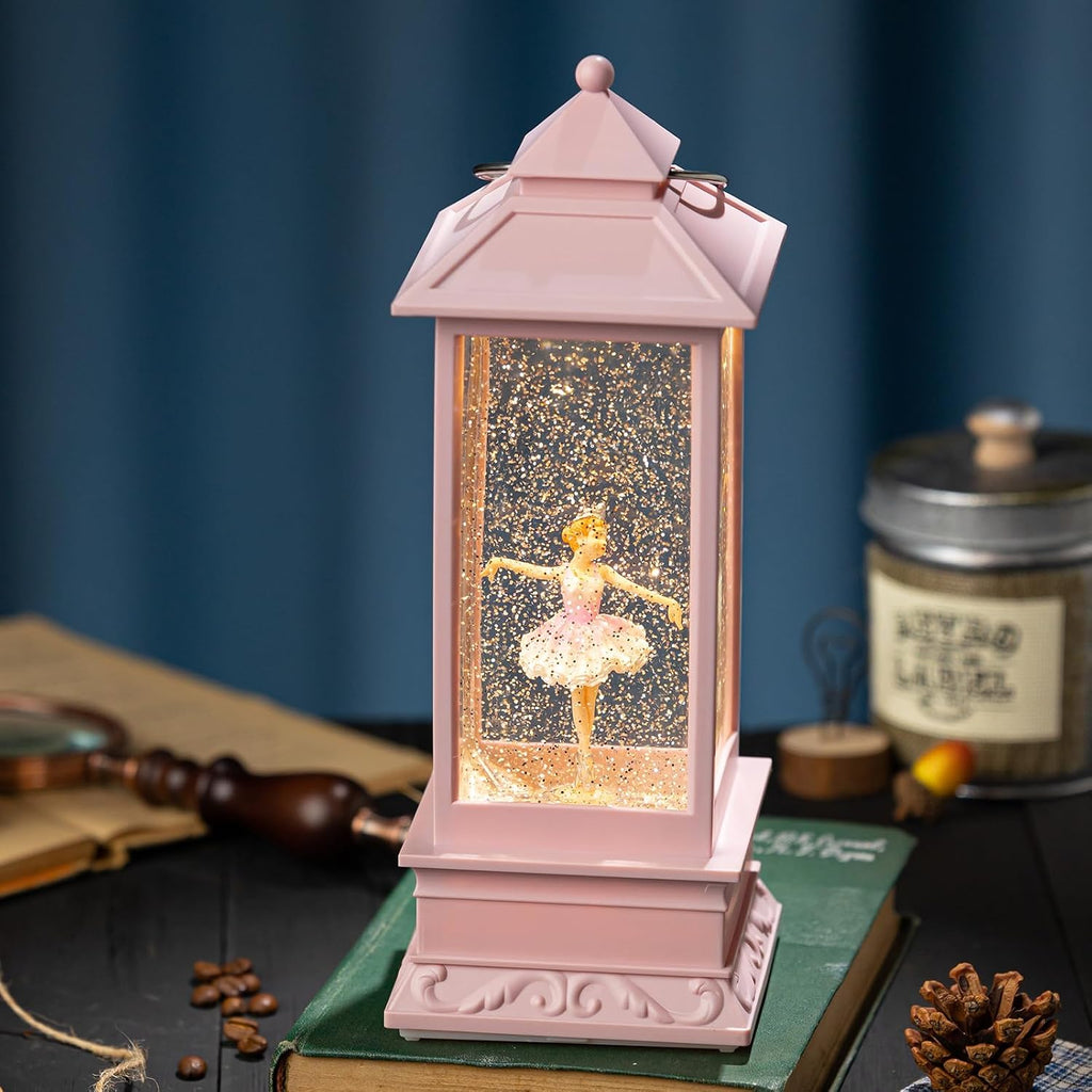 Snow Globe Lantern with Ballet Girl Ballerina – Shatterproof Glitter Snowglobe 10 Songs Music Box Led Light USB & Battery Powered, for Girls Gifts Birthday Home Decor Fall Decoration, Pink