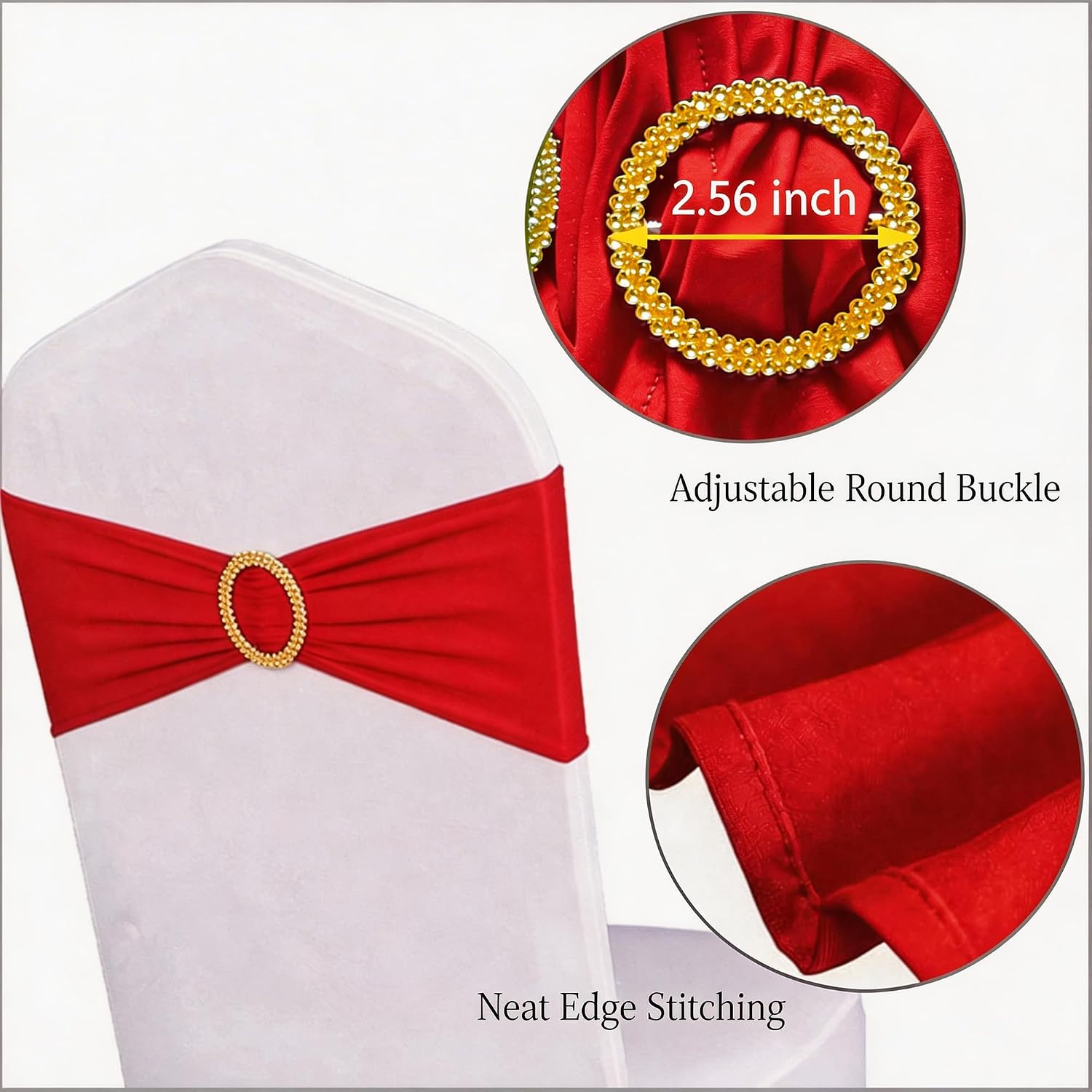 Pack of 50 Spandex Red Chair Sashes with Gold Buckles, Stretch Chairs Sashes for Wedding Party Baby Shower Ceremony Event Decorations Chair Bands Bows (Red Sashes, Gold Buckles)