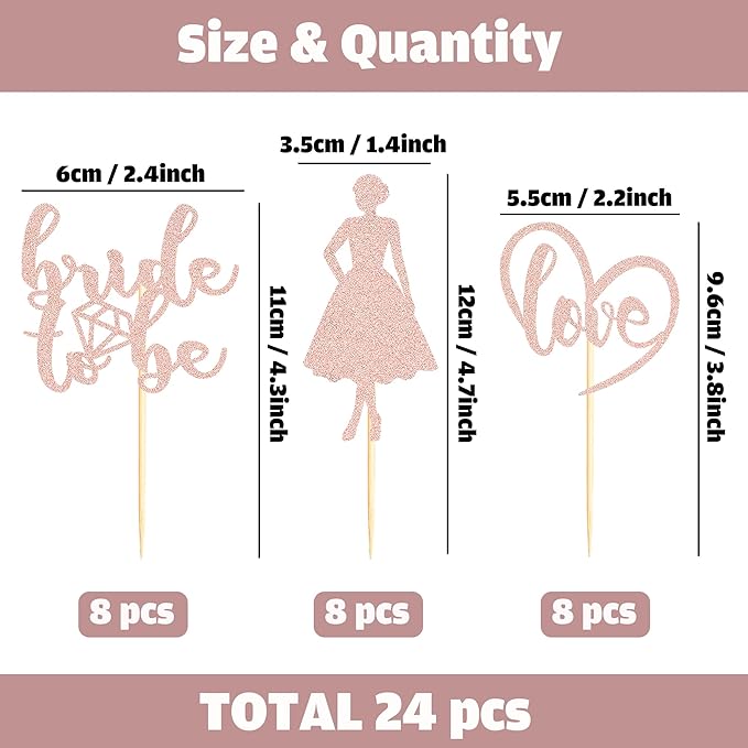 Sotpot 24PCS Bride to Be Cupcake Toppers with Heart Rose Gold Glitter Dress Bridal Shower Cupcake Picks for Wedding Bridal Shower Wedding Engagement Party Cake Decorations