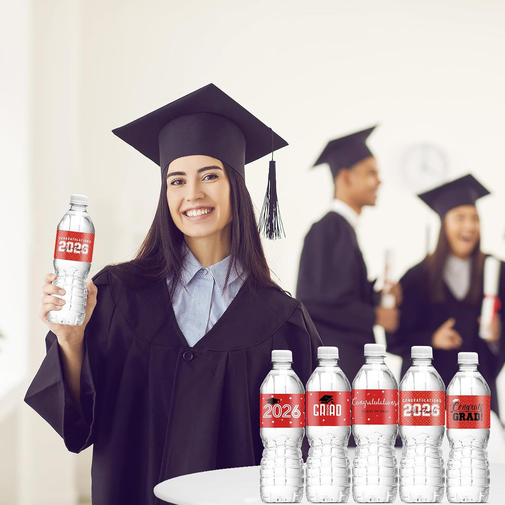 MASHAN 50 Pcs Class of 2026 Graduation Water Bottle Labels Party Decorations, Congrats Grad Water Bottle Wrapper Stickers, Graduation Party Favor Supplies for College Senior High School, Red