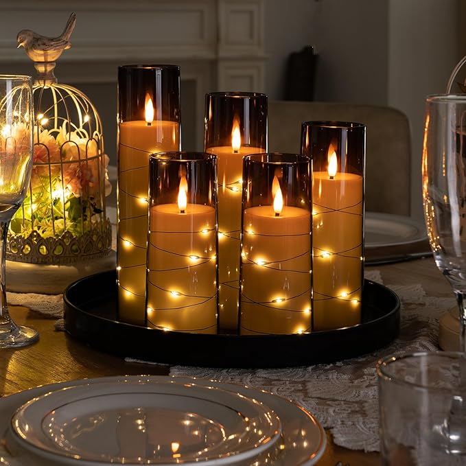 Raycare Flameless Candle with Remote Timer – 5 Flickering Acrylic Battery Operated LED Pillar Candles with Embedded Star String for Halloween, Fall Decor, Harvest Festival Gifts(Grey)