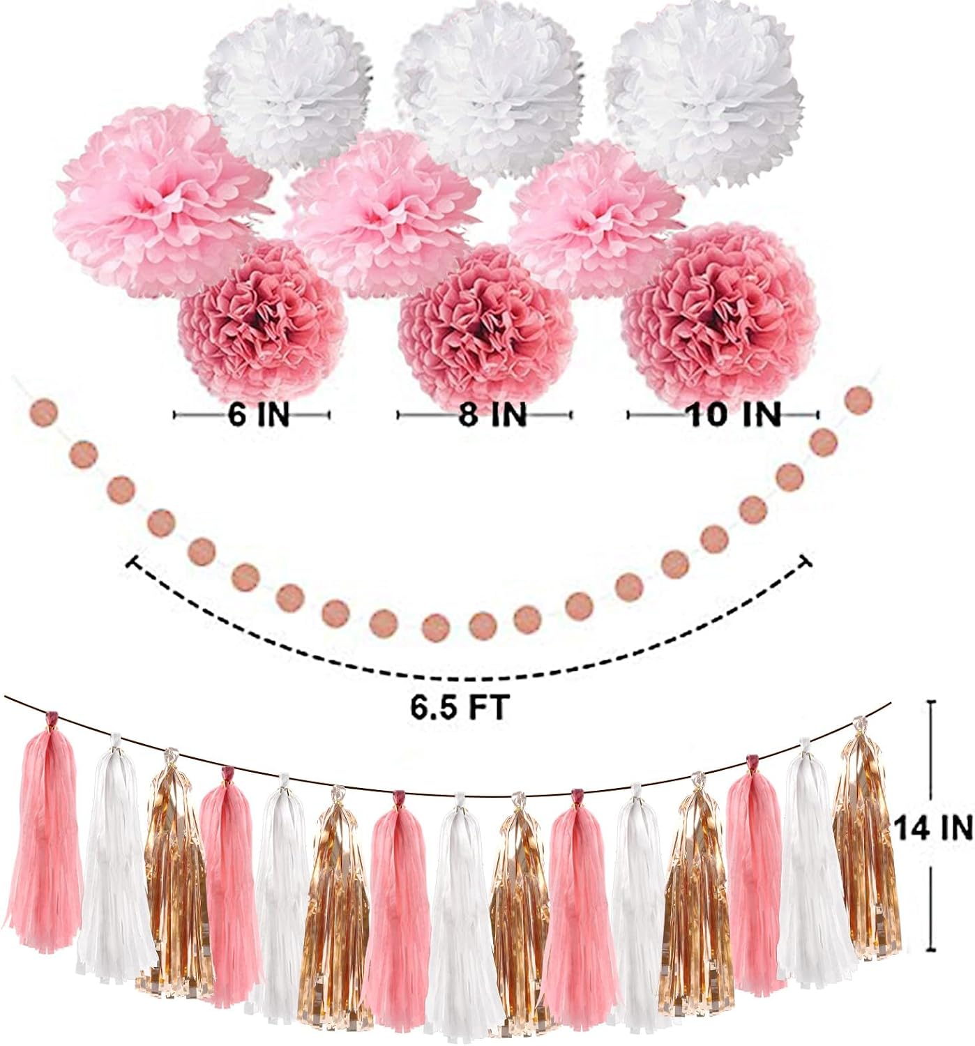 OuMuaMua Pink Rose Gold Birthday Party Decorations Set, Rose Gold Glittery Happy Birthday banner, Tissue Paper Pom, Circle Dots Garland and Tassel Garland for BDAY Party Decorations