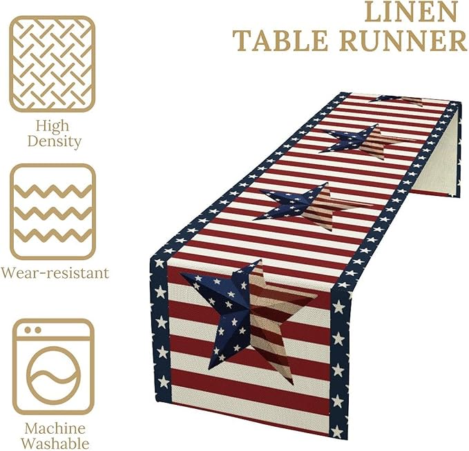 4th of July Table Runner, Patriotic Independence Day American Stars Stripes Flag Print Table Runner for Farmhouse Kitchen Dining Holiday Birthday Party, 13x36inch