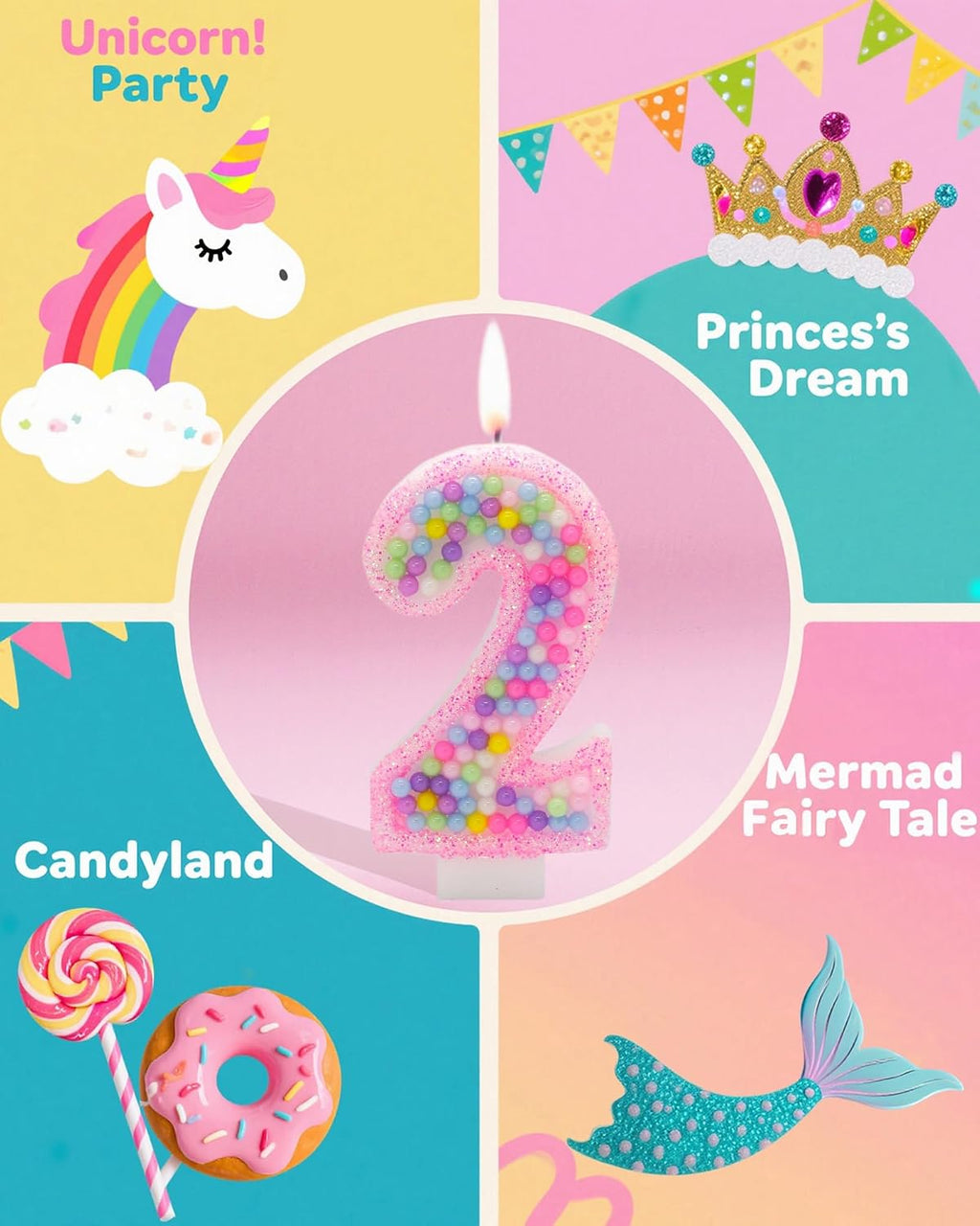 Pink Birthday Candles Number 2 Candle - Colorful Macaron Design,2rd Birthday Decorations for Girl,Two Sweet Theme Birthday Party Supplies