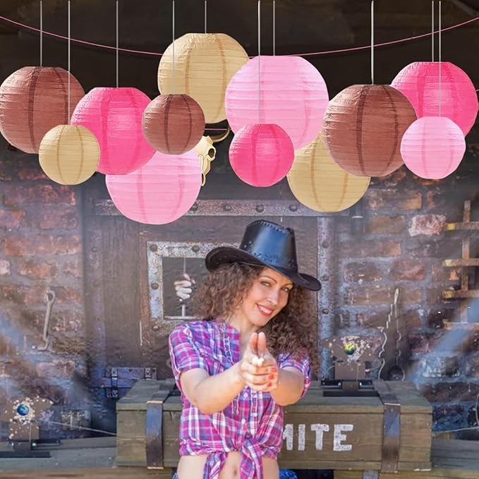 Pink Brown Paper Lanterns Decorative 12pcs Party Hanging Decorations for Western Cowgirl Party Birthday Retro Rodeo Party Supplies for Girls Baby Shower Western Room Decor