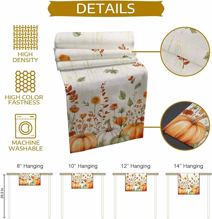 Fall Wildflowers Cotton Linen Table Runner for Dining Kitchen, Thanksgiving Pumpkin Outdoor Party Rustic Tablerunners Decoration,Botanical Floral Vintage Dresser Scarf Tablecloth Runners 13x120 Inches