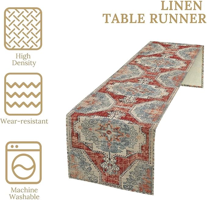 Boho Floral Vintage Table Runner, Retro Blue Red Flower Rustic Country Farmhouse Abstract Pattern for Home Kitchen Table Decor Dining Coffee Room Party Decor 13x120in