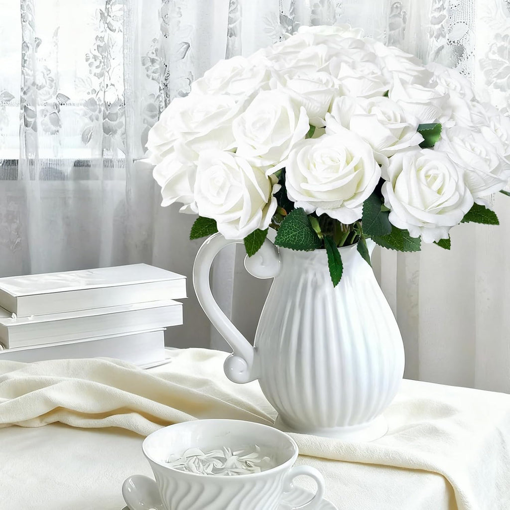 white roses artificial flowers with stems for home, close-up detail