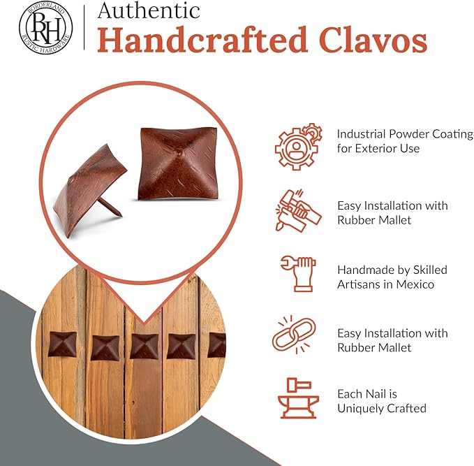 25 Pack 2" Square Head Iron Clavos Decorative Nails – Sealed Rusted – Handmade Rustic Square Fasteners for Farmhouse Shutters, Faux Wood, Barn Doors, Shutters, and Gates – Ornamental Wood Accent