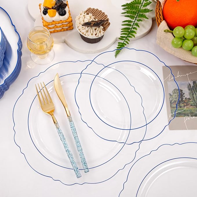 Liacere 150PCS Clear and Blue Plastic Plates-Clear and Blue Disposable Plates with Glitter Bamboo Handle Cutlery-60 Baroque Elegant Plates, 30 Forks, 30 Spoons, 30 Knives for Wedding＆Back to School