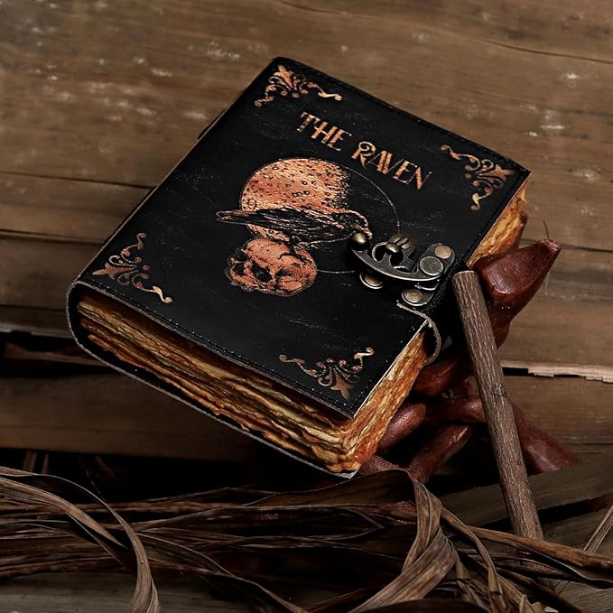 Leather Gothic Journal Magical Raven Skull Spiral Notebook Mystery Crow Journal Grimoire Witchcraft Spellwork Journal Great for Halloween and Raven Lovers Aesthetic Leather Journal for Men and Women (10 x 7 inches)