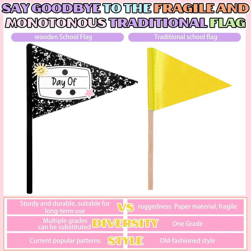Hahafelt 23 Pcs Composition Book Style First & Last Day of School Wood Flag Kit with Ribbons and Reusable Pennants Signs 15 Grades Photo Prop for Preschool to College Welcome Classroom Decoration