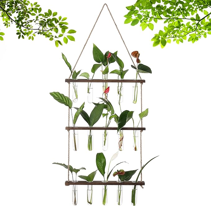 YIBOT Propagation Stations,3 Tiered Wall Hanging Terrarium with Wooden Stand,Mini Glass Test Tubes Vase,Propagation Tubes for Hydroponic Cutting Home Garden Office Decor Plant Lover Gift