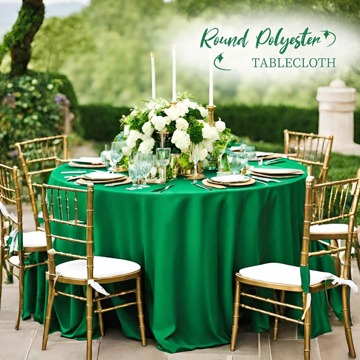 12 packs 120 inch green round polyester tablecloths, side view