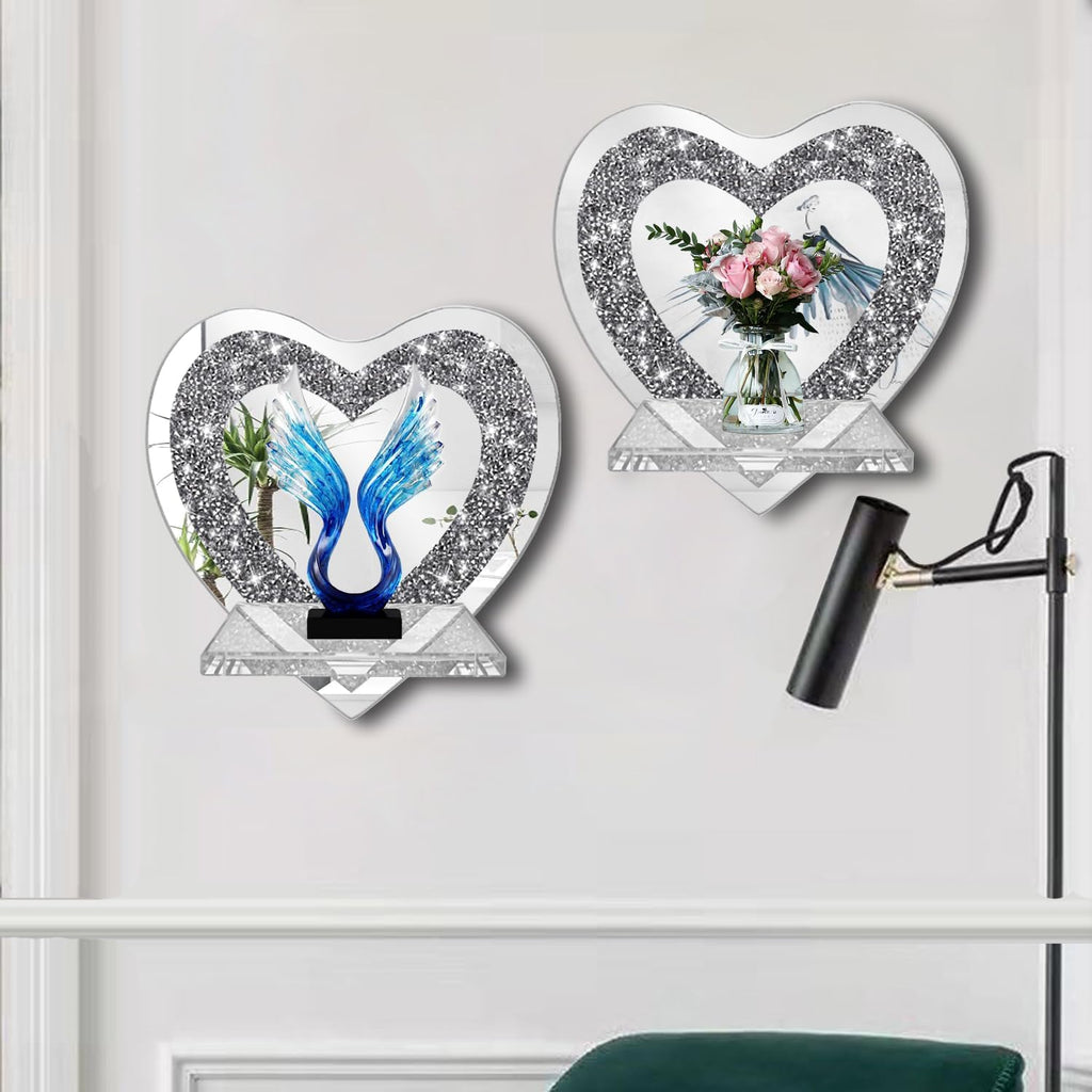 ZOLAPI Set of 2 Crystal Crush Diamond Candle Sconces, Gorgeous Silver Mirrored Wall Sconce, Candle Holder Glass Wall Decorations for Home Décor, Living Room, Dining Room.Heart Shaped