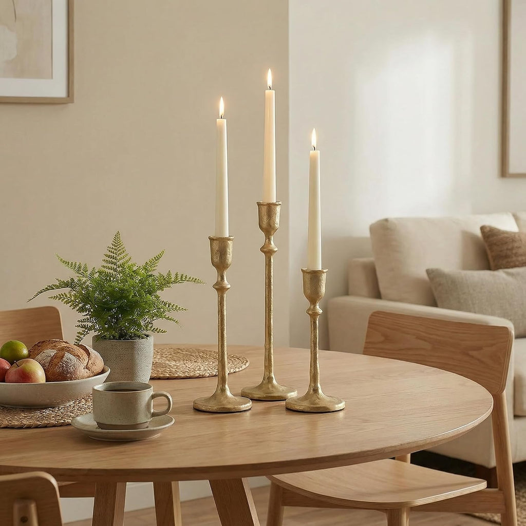 BANOMII Antique Brass Candlestick Holders Set of 3, Cast Iron Taper Candle Holder for Dining Table Centerpiece, Wedding, Fireplace Mantel Decor, Vintage Tall Candle Stands, Christmas Decorations